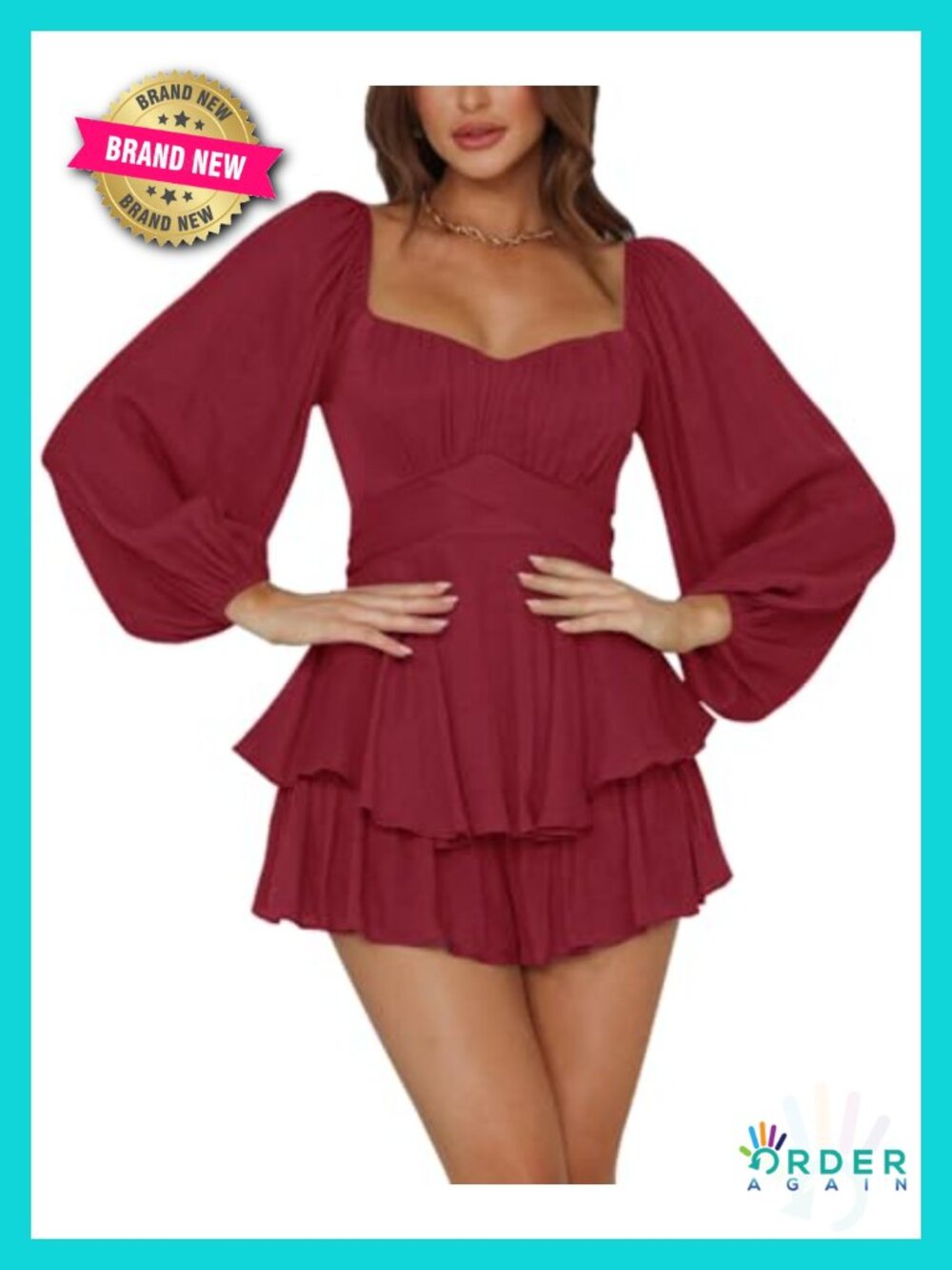 Lantern Long Sleeve Romper Shorts Square Neck Ruffle Hem Jumpsuit
